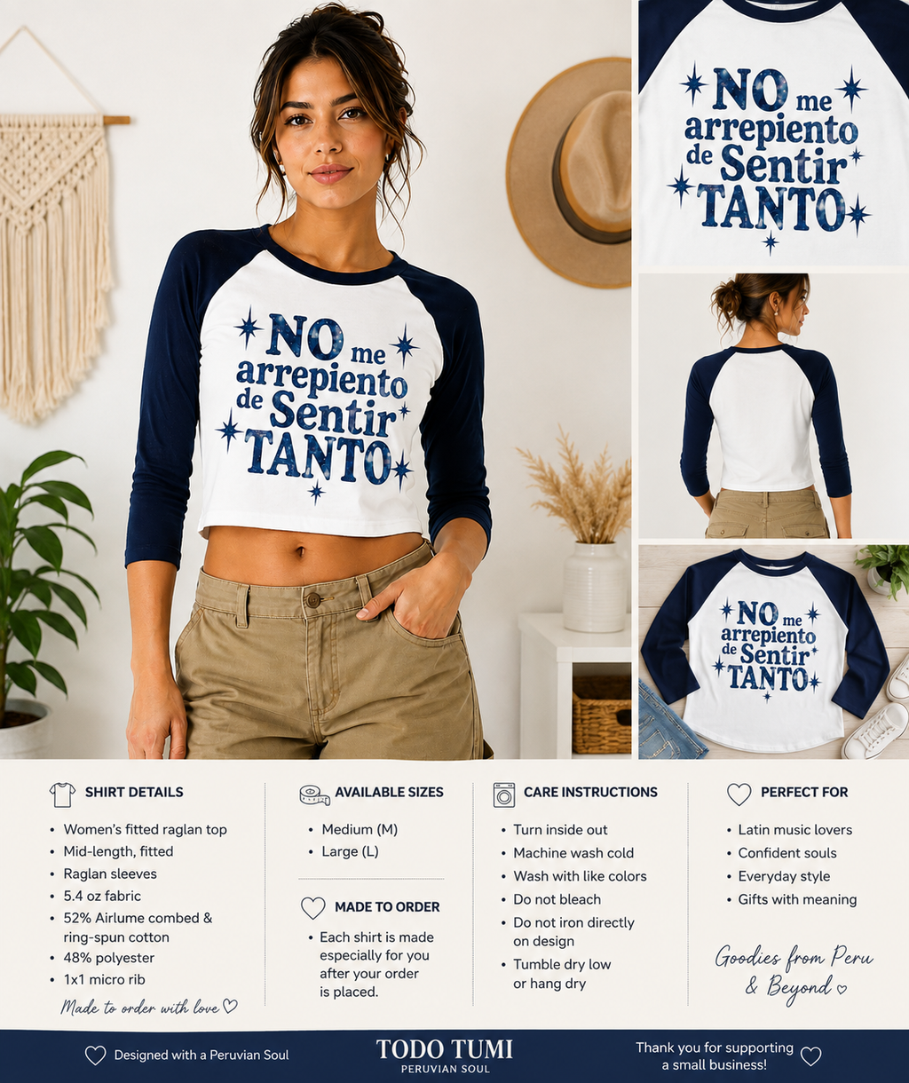 Product details, sizing, care instructions, and views of the No me arrepiento de sentir tanto raglan baby tee