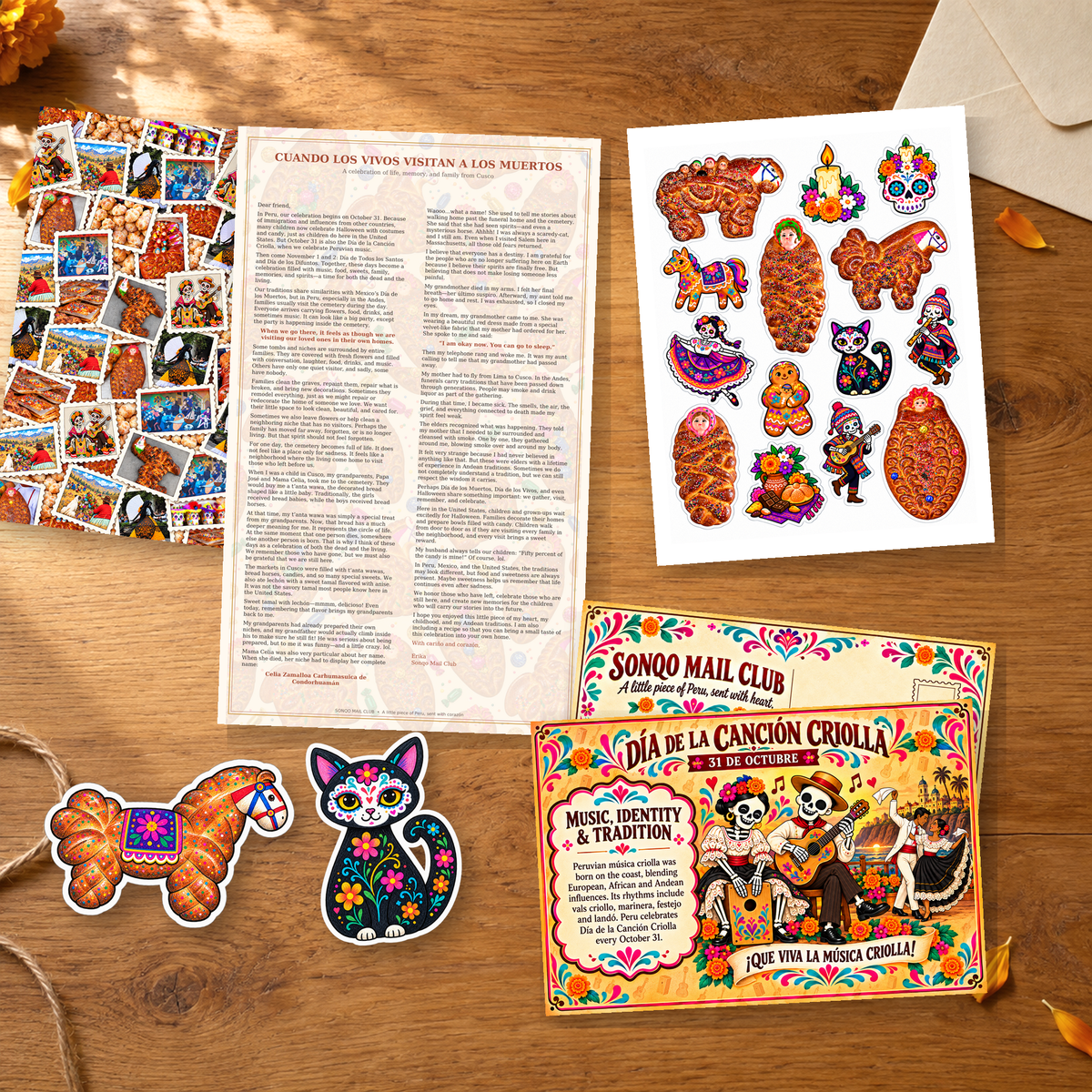October Sonqo Mail Club collection featuring Peruvian culture, Día de la Canción Criolla, postcards, stickers, and a personal letter
