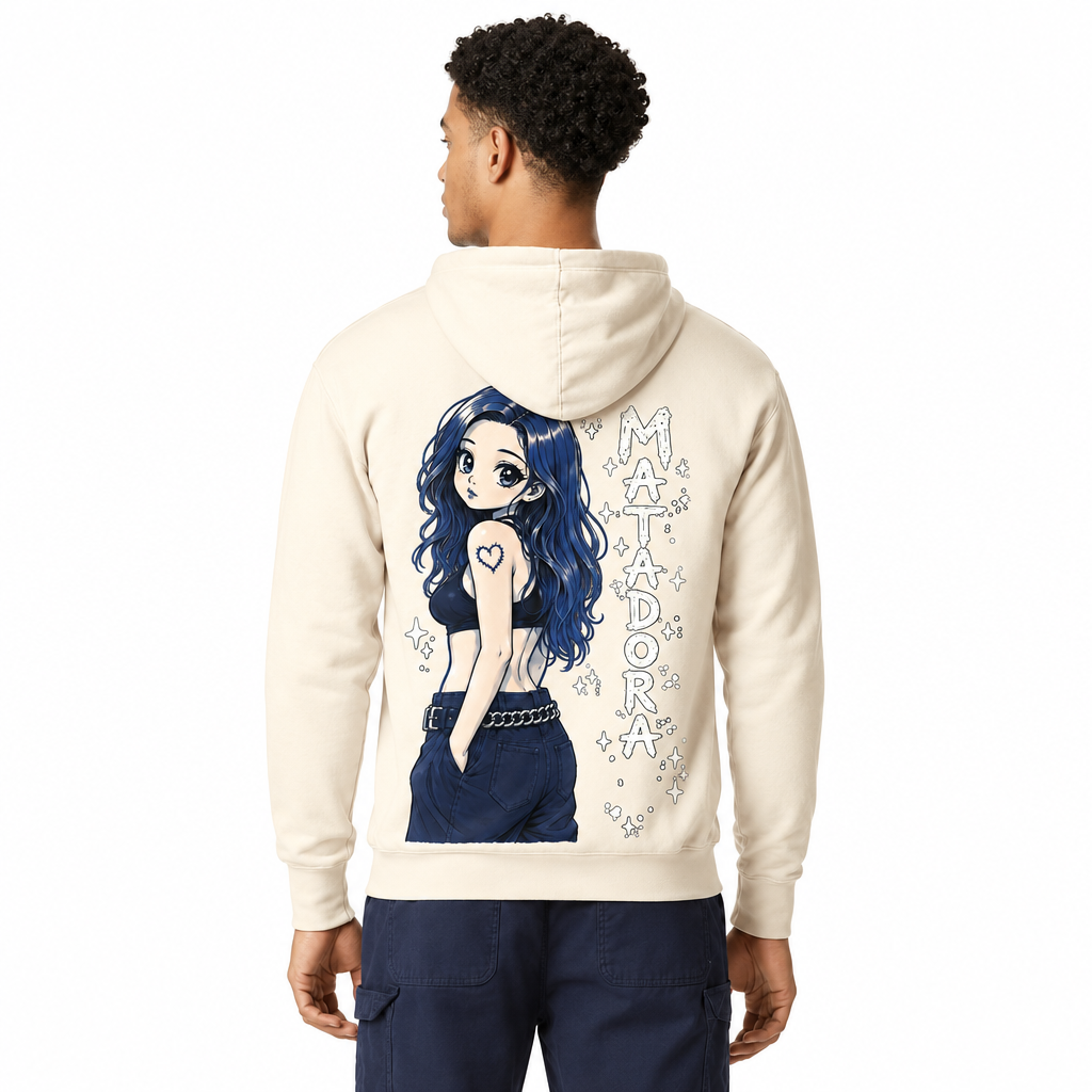 Back view of an ivory MATADORA hoodie with large kawaii-style artwork