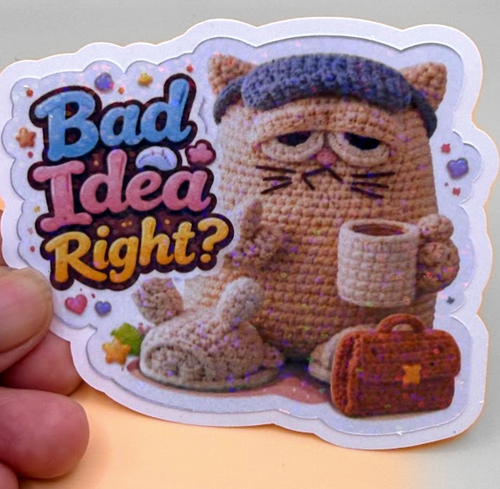 Bad Idea Right? — Crochet Cat Laminated Sticker