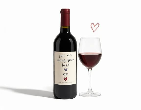 Todo Tumi Sonqo affirmation sticker applied to a wine bottle next to a glass of red wine with a heart doodle.