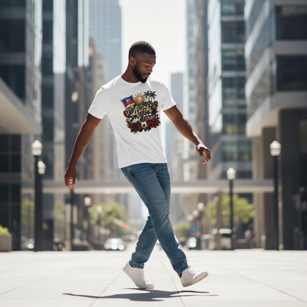 Man wearing a white Todo Tumi Ayiti Cheri cotton crewneck t-shirt with Haitian flag and cultural graphic in city