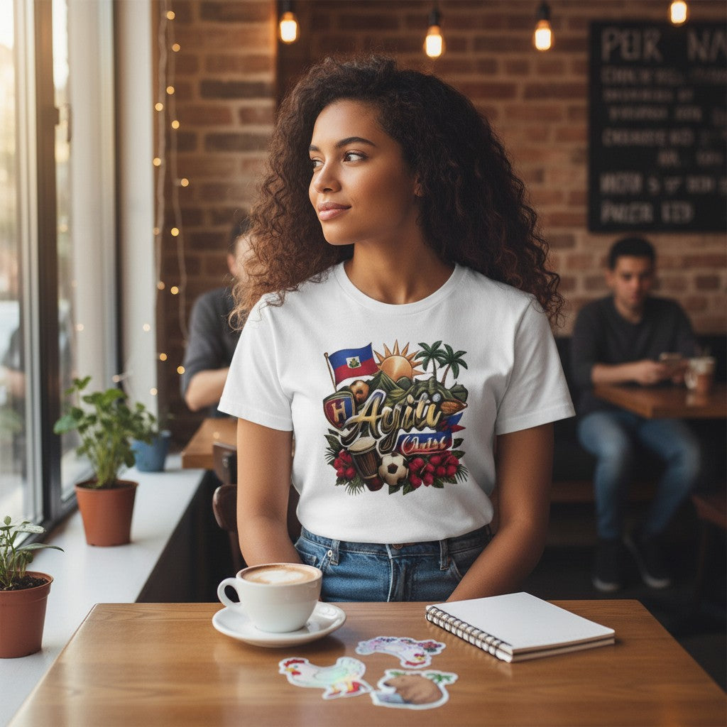 Woman wearing a white Todo Tumi Ayiti Cheri cotton graphic t-shirt featuring Haitian flag, soccer ball, and flowers.