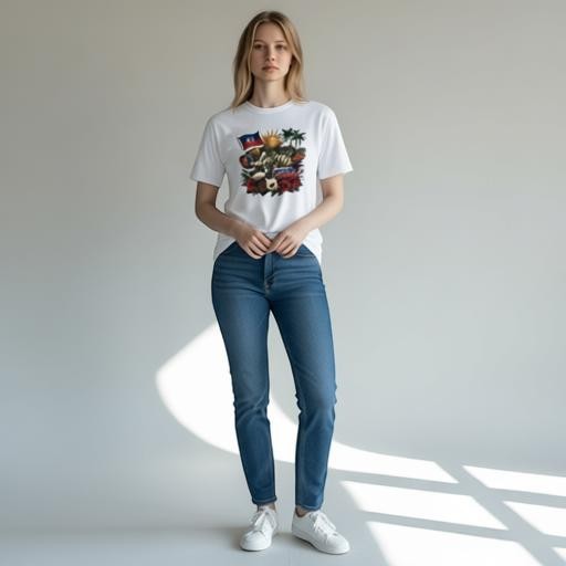 Model wearing a white Todo Tumi Ayiti Cheri cotton crewneck t-shirt with a Haitian flag and soccer graphic.