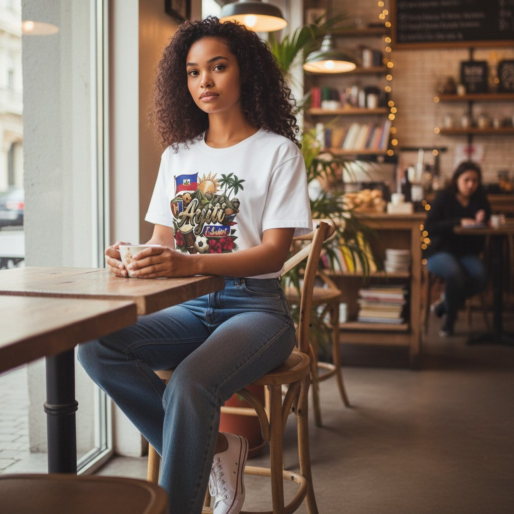 Woman wearing a white Todo Tumi Ayiti Cheri graphic cotton t-shirt with Haitian flag and soccer motifs in a cafe.