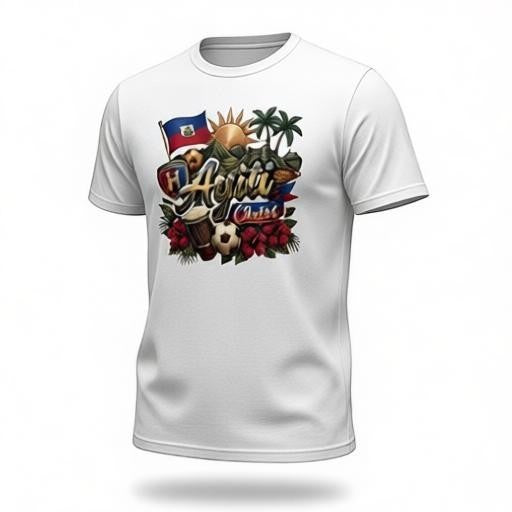 Todo Tumi white 100% cotton crewneck t-shirt featuring a colorful Haitian-themed graphic print.