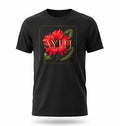 Todo Tumi black cotton unisex t-shirt featuring a red hibiscus flower graphic and gold AYITI text.