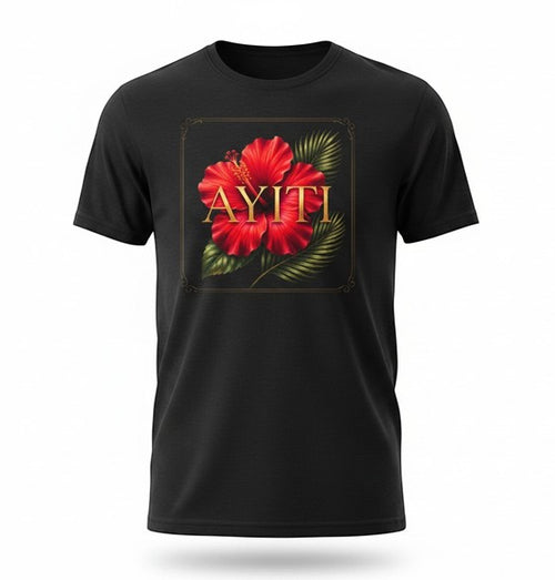 Todo Tumi black cotton unisex t-shirt featuring a red hibiscus flower graphic and gold AYITI text.