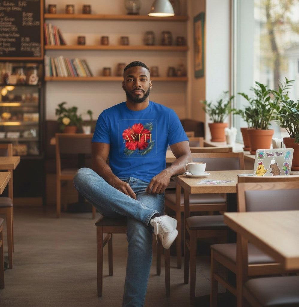 Man wearing a blue Todo Tumi crewneck t-shirt with a red hibiscus and gold AYITI graphic in a cozy cafe setting.