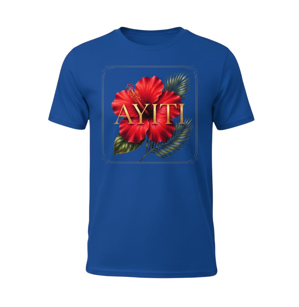 Todo Tumi blue crewneck t-shirt featuring a red hibiscus flower, palm leaves, and gold AYITI graphic print.