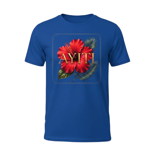 Todo Tumi blue crewneck t-shirt featuring a red hibiscus flower, palm leaves, and gold AYITI graphic print.