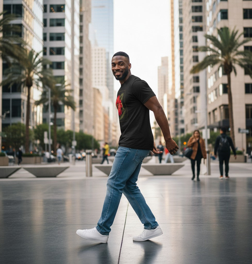 Man wearing a black Todo Tumi Ayiti hibiscus graphic crewneck t-shirt with blue jeans in a city street setting.