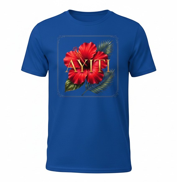 Todo Tumi royal blue 100% cotton unisex tee featuring a red hibiscus flower and gold AYITI text graphic.
