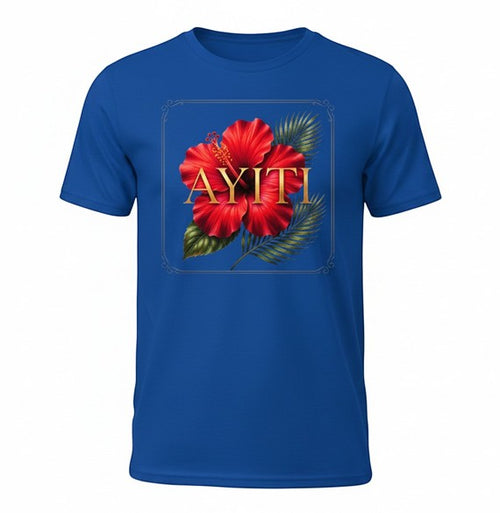 Todo Tumi royal blue 100% cotton unisex tee featuring a red hibiscus flower and gold AYITI text graphic.