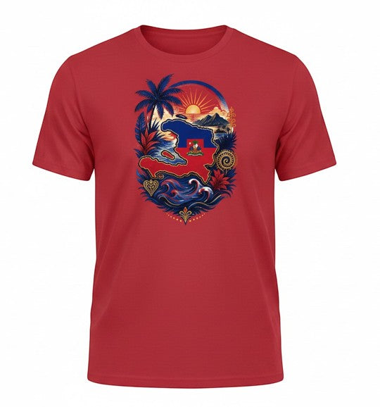 Todo Tumi red cotton unisex t-shirt featuring a colorful Haiti map graphic with palm trees, waves, and Vèvè symbols.
