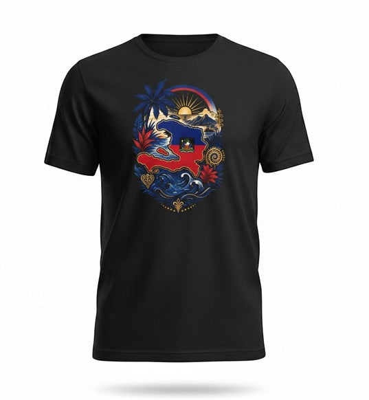 Todo Tumi black cotton unisex t-shirt featuring a colorful Haiti map graphic with palm trees and Vèvè symbols.