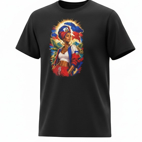 Todo Tumi black 100% cotton unisex Ayiti Queen tee featuring a vibrant graphic of a Haitian woman in tropical attire.