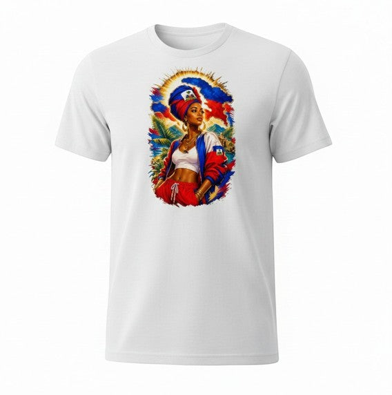 Todo Tumi white 100% cotton unisex Ayiti Queen Tee featuring a vibrant graphic of a Haitian woman in tropical light.