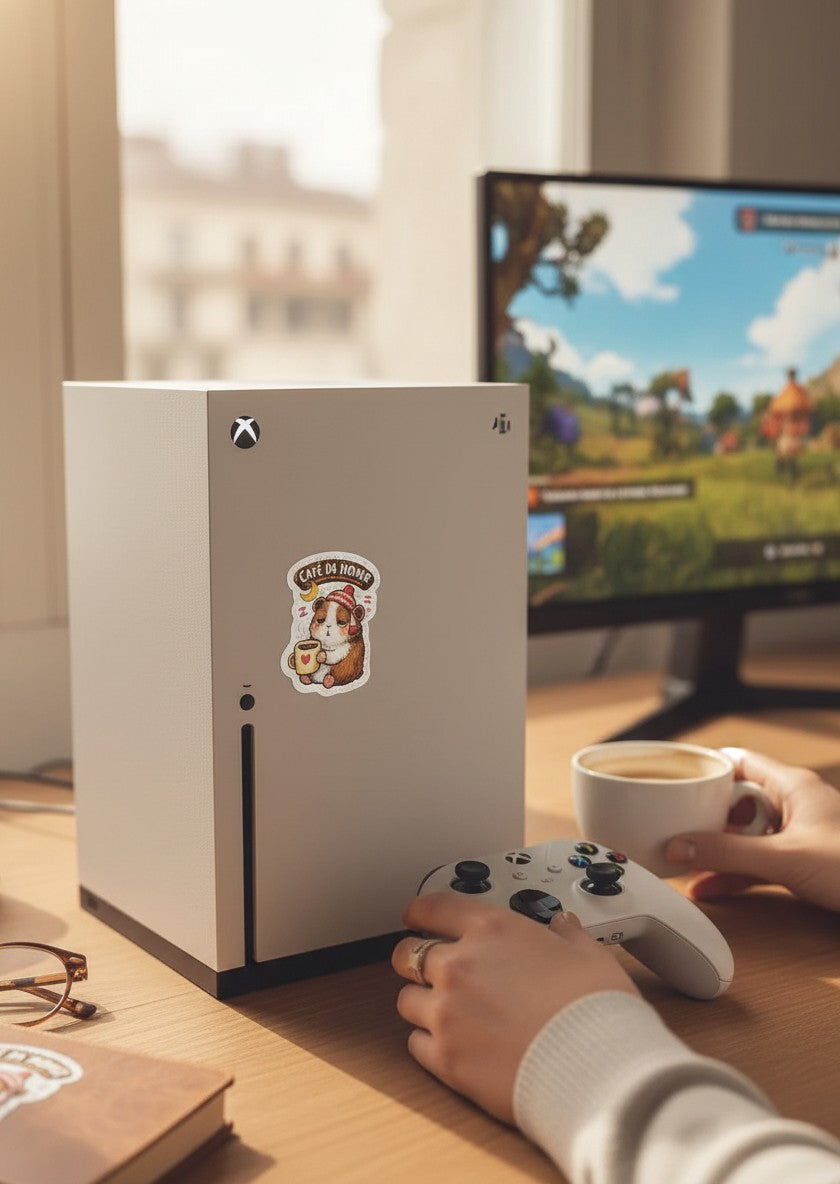 Todo Tumi holographic cuy sticker featuring a sleepy guinea pig with coffee, applied to a white gaming console.