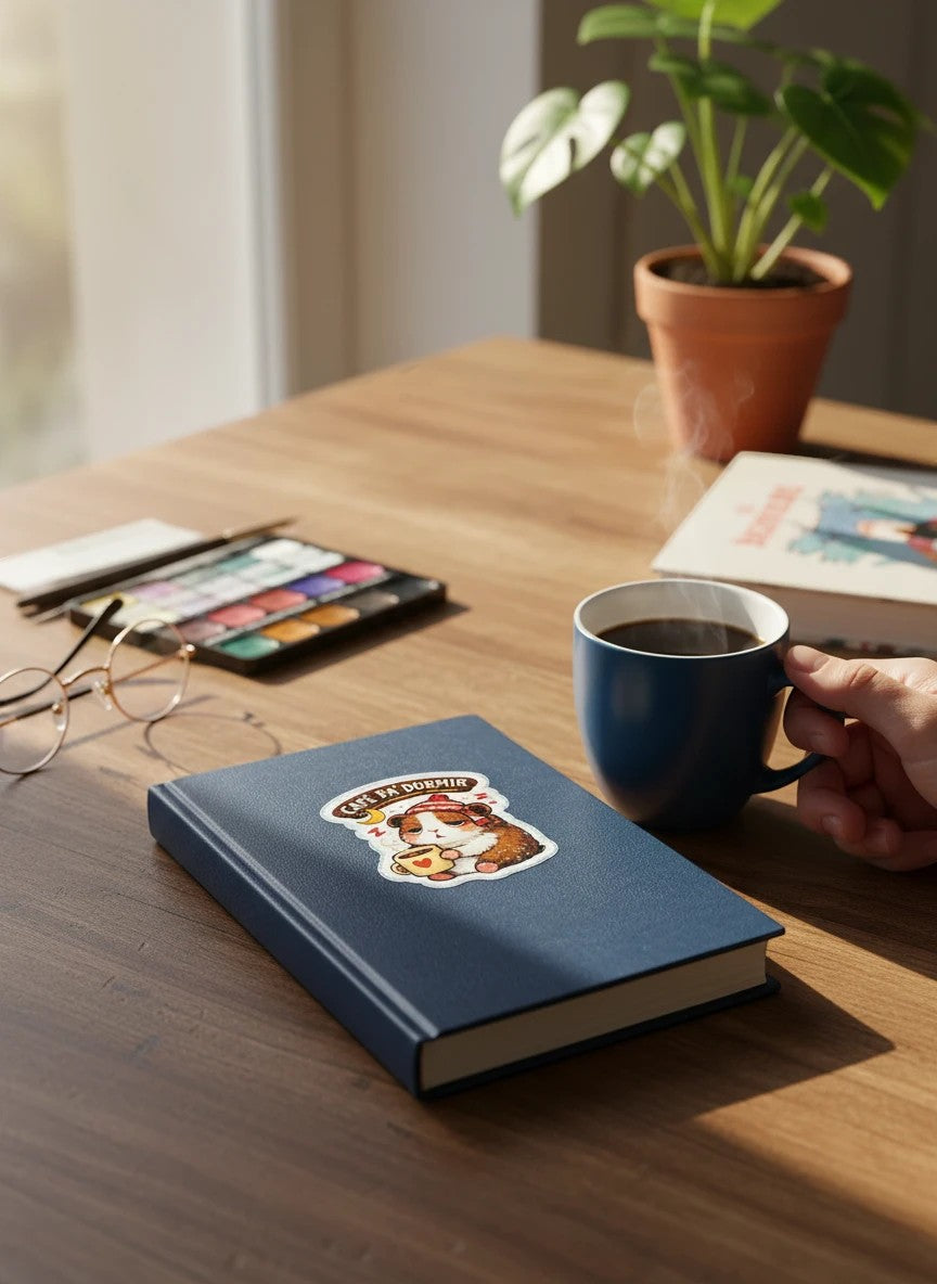 Todo Tumi holographic laminated sticker featuring a sleepy cuy in a chullo hat holding a coffee on a blue notebook.