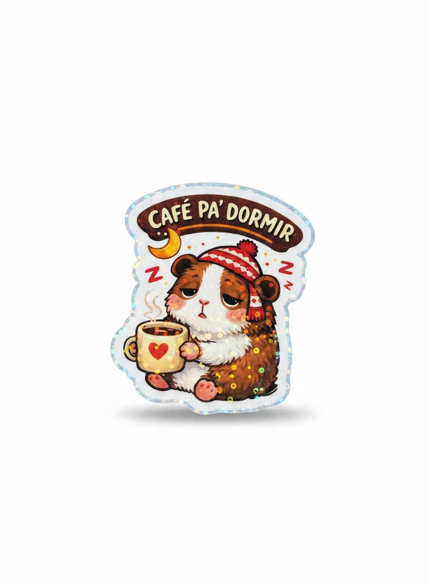 Todo Tumi holographic laminated sticker featuring a sleepy cuy in a chullo hat holding a coffee cup with a heart.