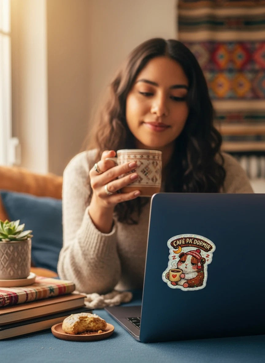 Todo Tumi holographic sticker of a sleepy cuy wearing a chullo hat, holding coffee, on a laptop in a cozy room.