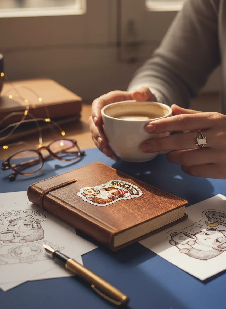 Todo Tumi holographic laminated sticker featuring a sleepy cuy in a chullo hat holding coffee on a brown notebook.