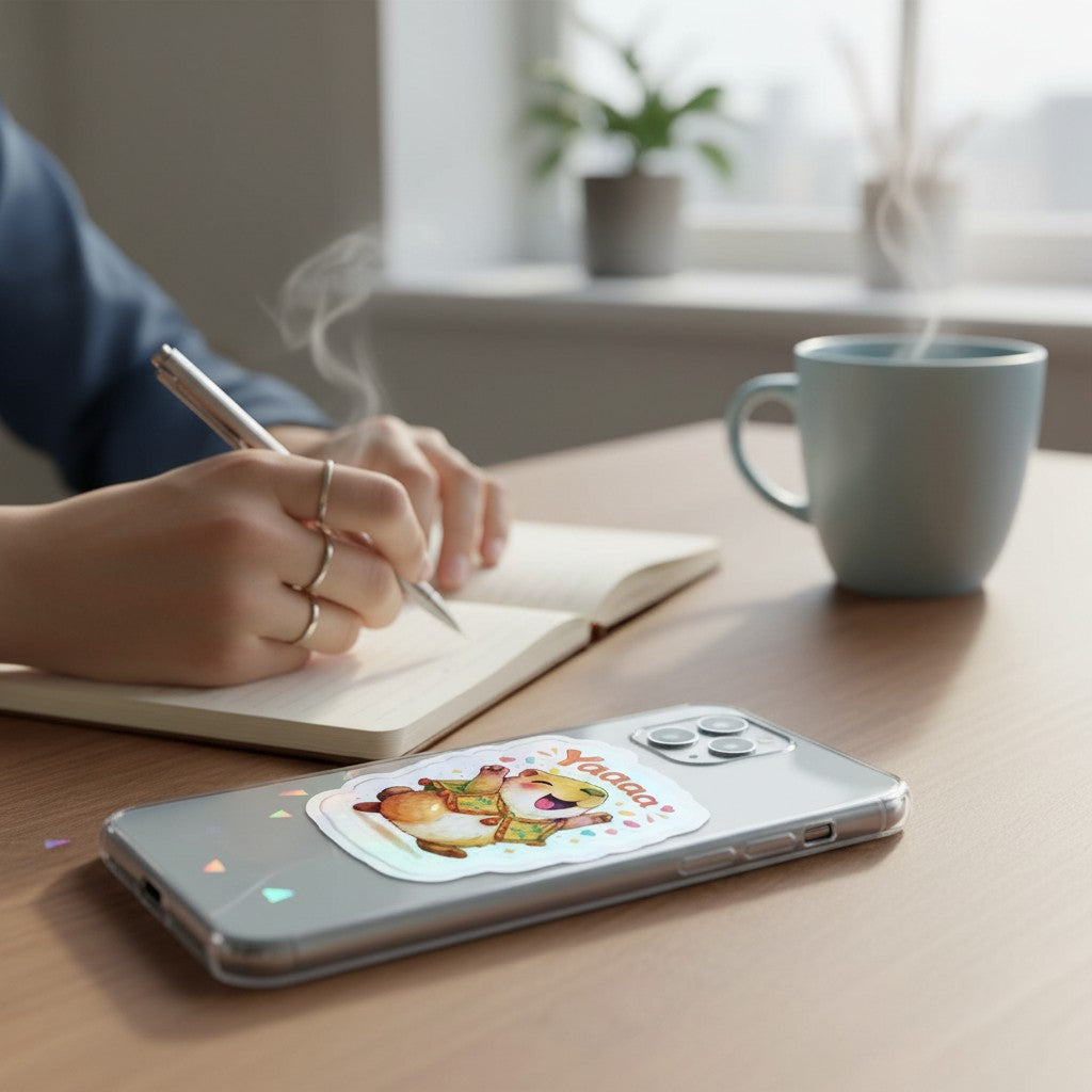 Todo Tumi Yaaaaa! Capybara laminated sticker featuring a joyful capybara in a Peruvian poncho on a phone case.
