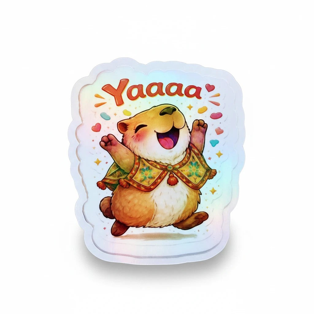 Todo Tumi Yaaaaa! capybara sticker featuring a joyful capybara in a Peruvian poncho with a waterproof laminated finish.