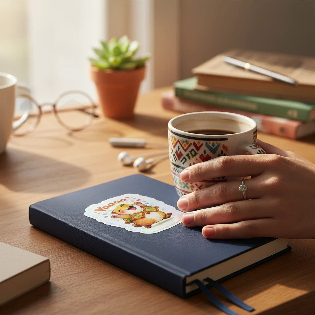 Todo Tumi laminated sticker featuring a joyful capybara in a Peruvian poncho on a navy blue notebook.