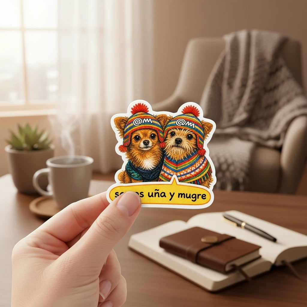 Todo Tumi waterproof sticker featuring two chihuahua mixes wearing colorful Peruvian chullo hats and a speech bubble.