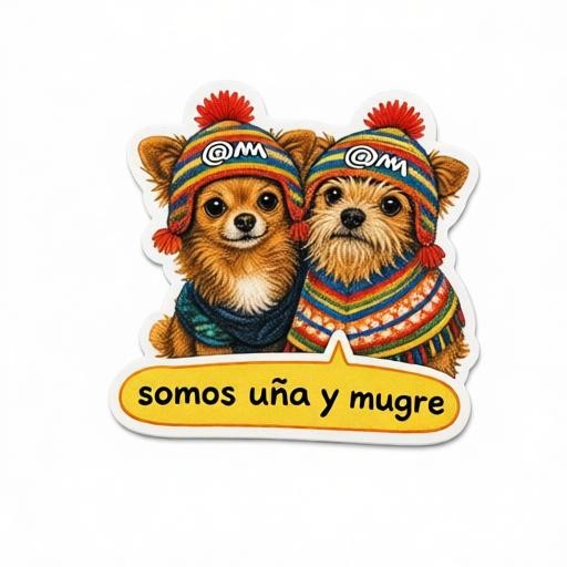 Todo Tumi waterproof sticker featuring two chihuahua mixes in colorful Peruvian chullo hats with Somos Uña y Mugre text.