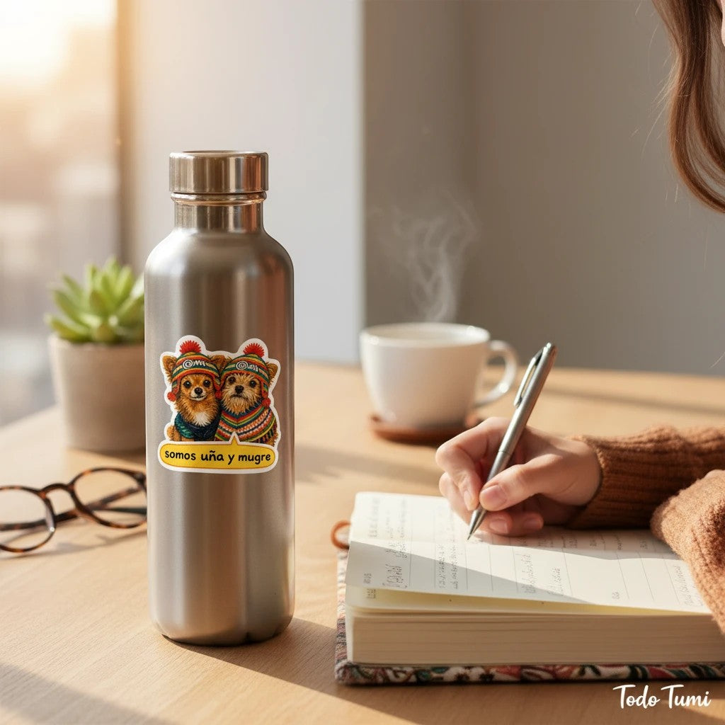 Todo Tumi waterproof sticker featuring two chihuahua mixes in colorful Peruvian chullo hats on a metal water bottle.