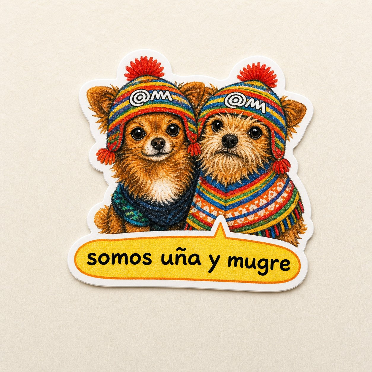 Todo Tumi waterproof sticker featuring two chihuahua mixes wearing colorful Peruvian chullo hats and a speech bubble.