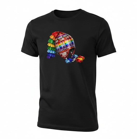 Todo Tumi black cotton unisex t-shirt featuring a 3D graphic of a colorful Tawantinsuyo chullo hat with tassels.