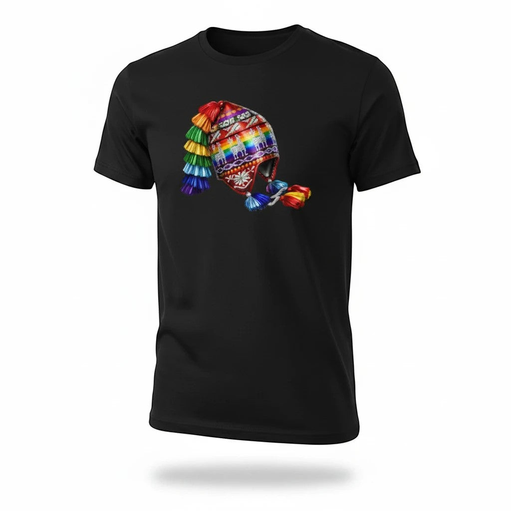 Todo Tumi black cotton unisex t-shirt featuring a 3D graphic of a colorful rainbow chullo hat with tassels.