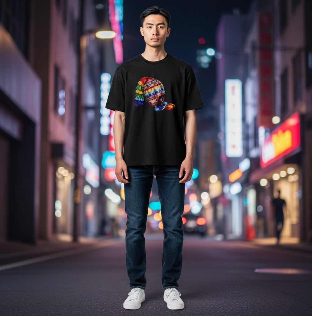 Man wearing a black Todo Tumi cotton t-shirt with a 3D rainbow chullo hat graphic on a city street at night.