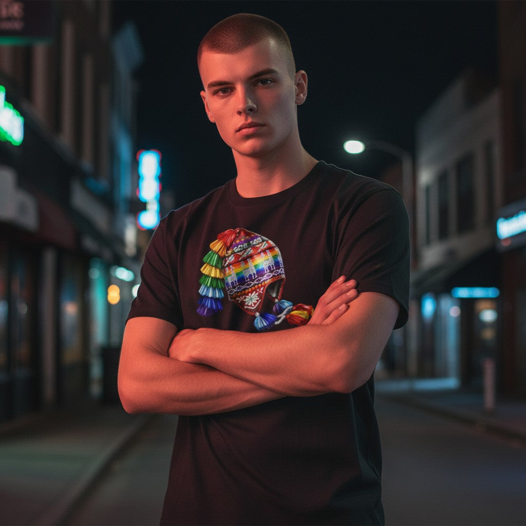 Todo Tumi black cotton t-shirt featuring a 3D rainbow chullo graphic, worn by a man on a city street at night.