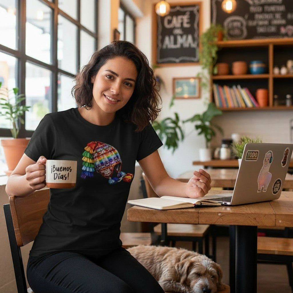 Woman wearing a black Todo Tumi Chullo Tawantinsuyo cotton tee with a colorful Inca chullo hat graphic in a cafe.