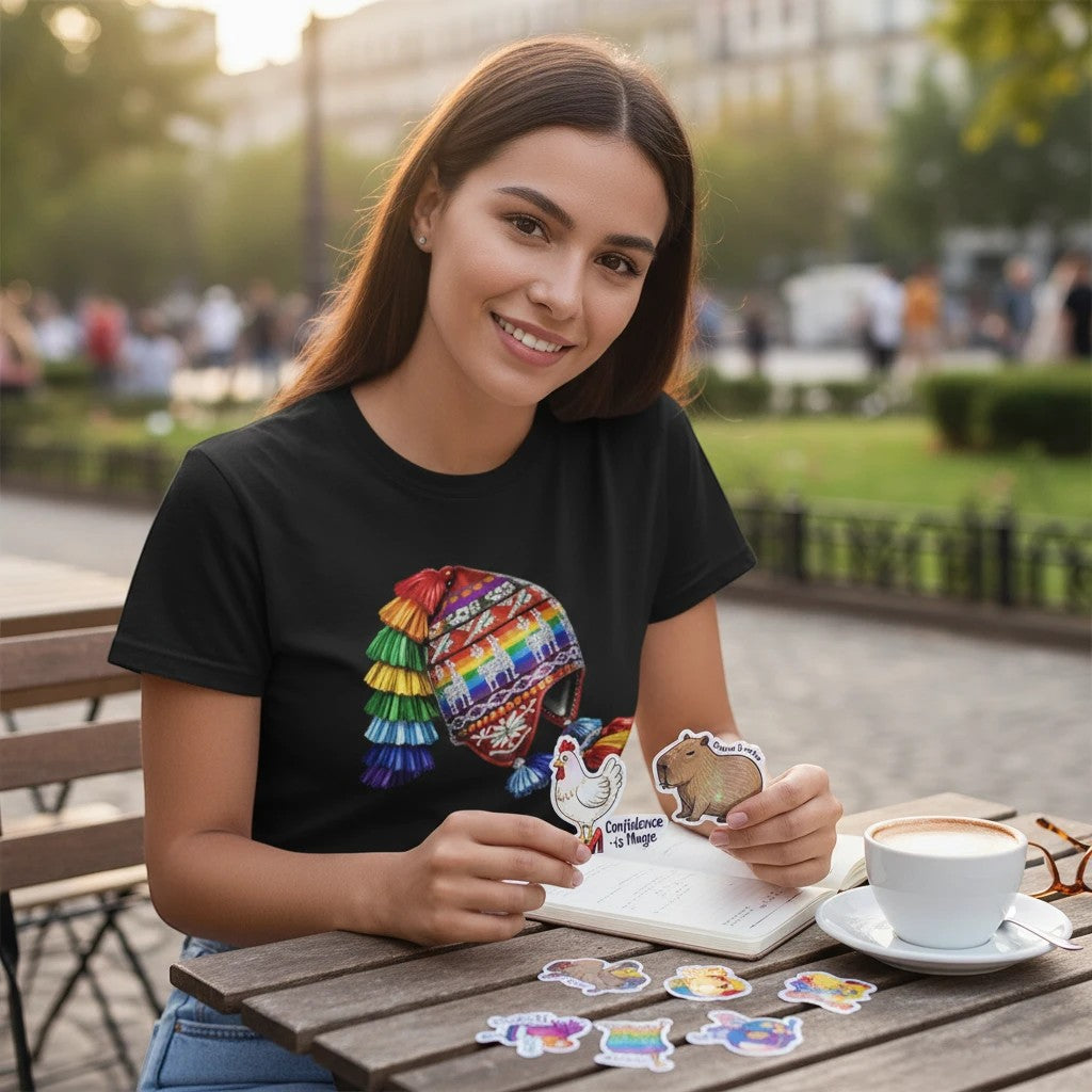 Woman wearing a black Todo Tumi Chullo Tawantinsuyo cotton tee featuring a colorful rainbow Inca chullo hat graphic.