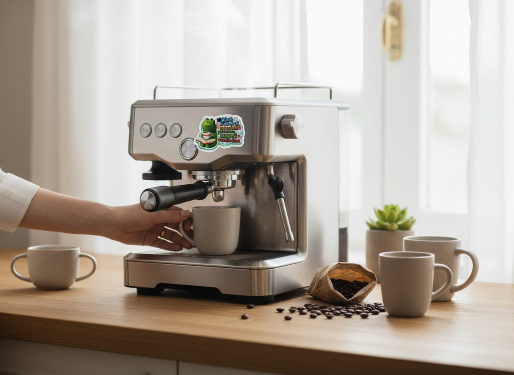 Todo Tumi holographic coffee frog sticker on a stainless steel espresso machine with a hand holding a coffee mug.