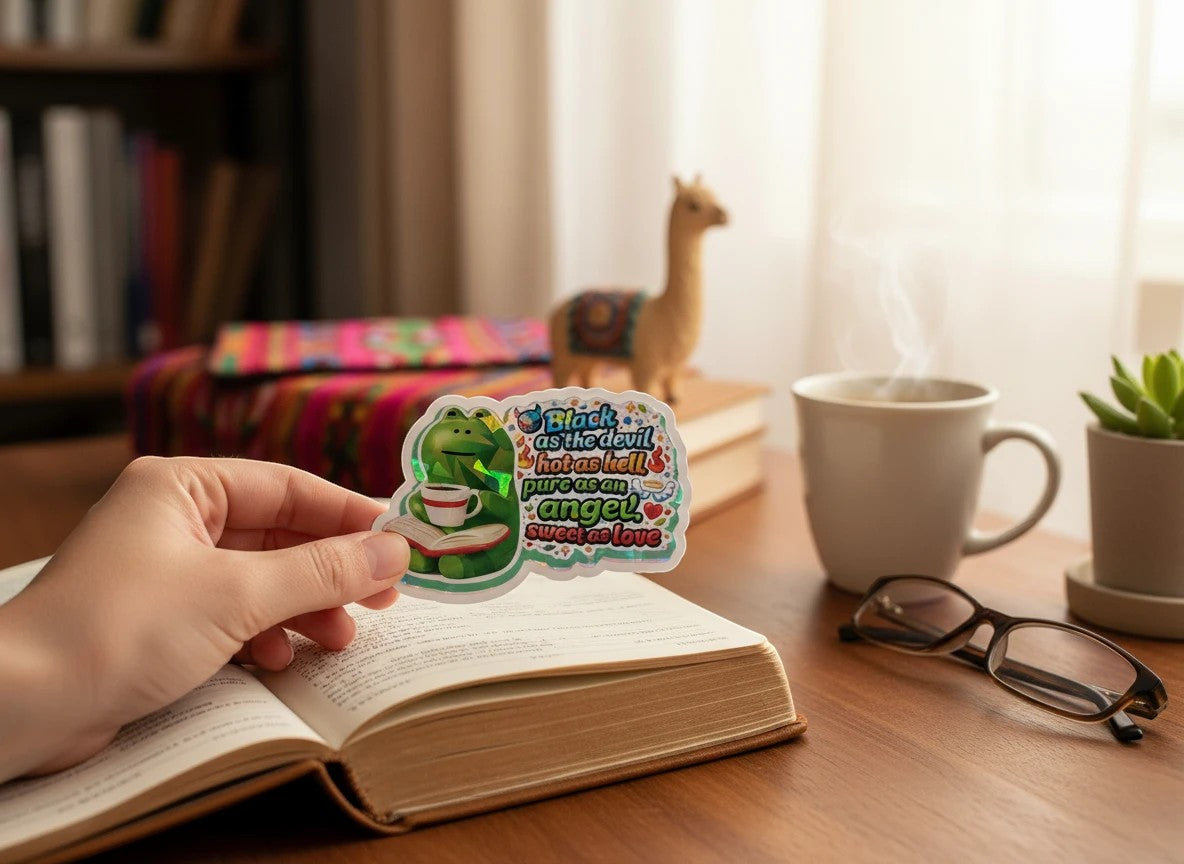 Todo Tumi holographic coffee frog sticker with text Black as the devil, hot as hell on a book held by a hand.