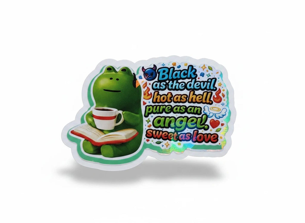 Todo Tumi holographic coffee frog sticker featuring a green frog reading a book with a coffee mug and witty text.