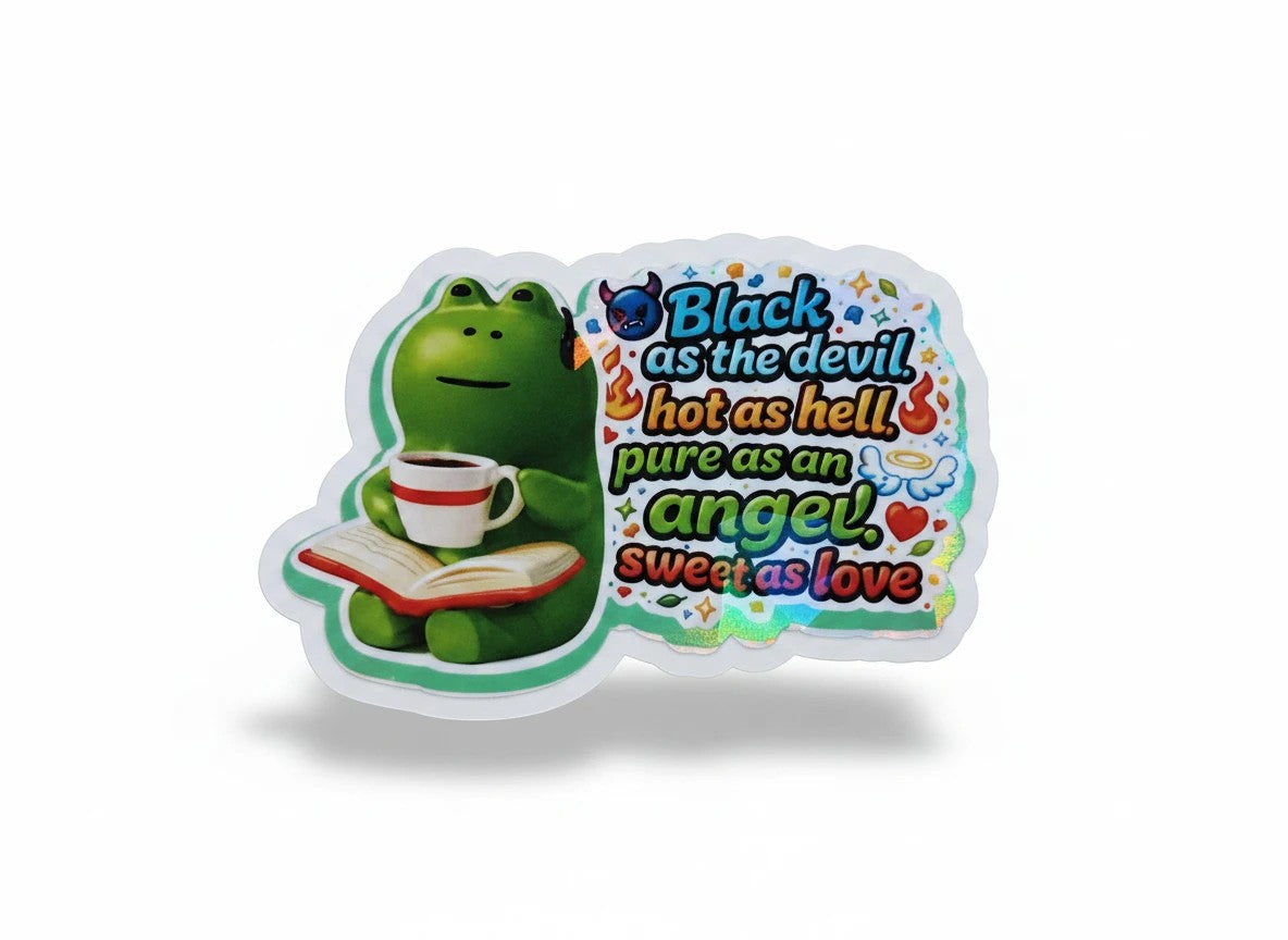 Todo Tumi holographic coffee frog sticker featuring a green frog reading a book with a coffee mug and witty text.