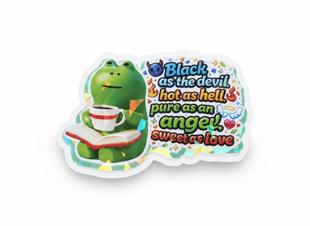 Todo Tumi holographic coffee frog sticker featuring a green frog reading with coffee and a devil and angel quote.