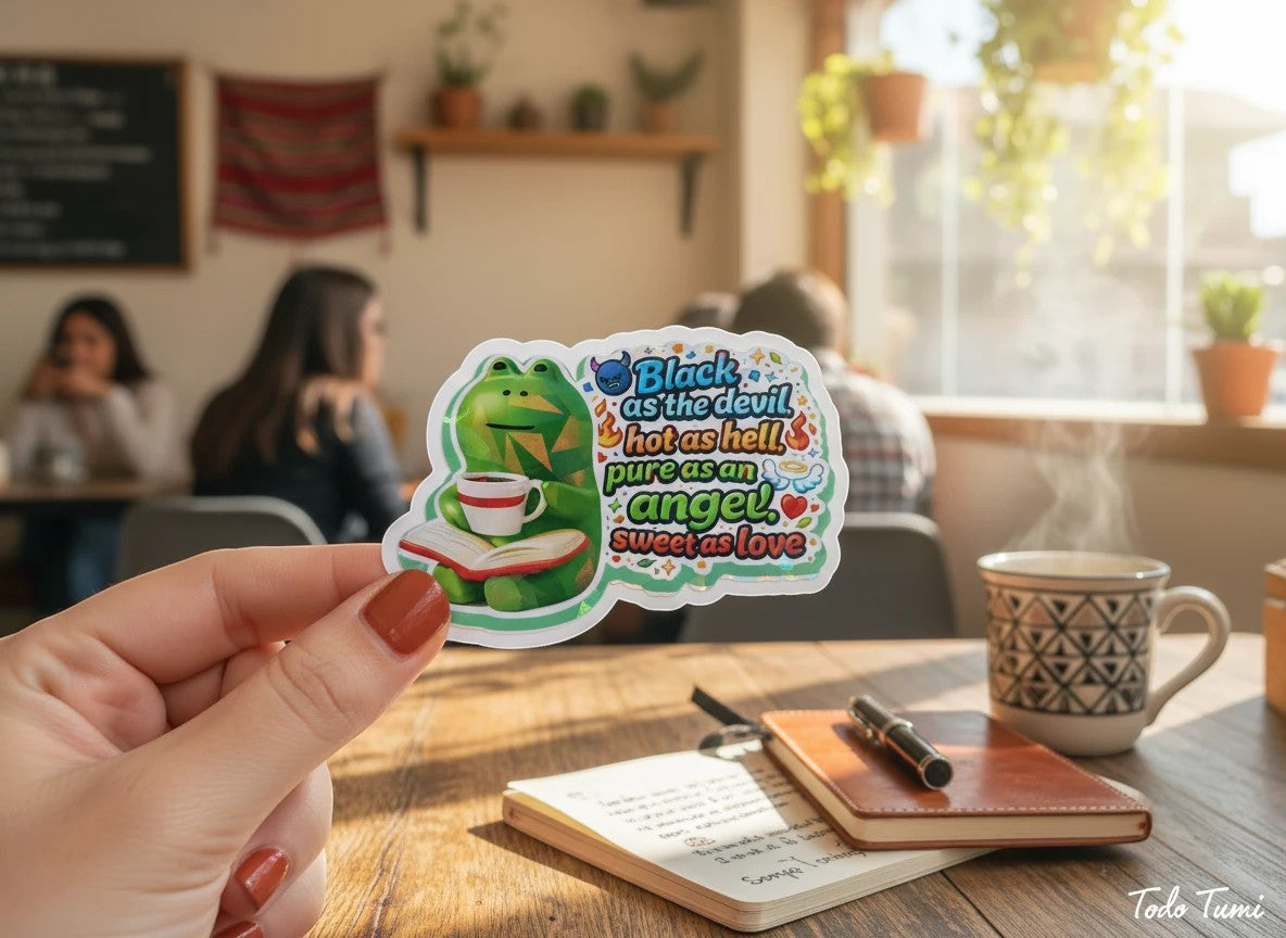 Todo Tumi holographic coffee frog sticker featuring a green frog reading with coffee and the quote Black as the devil