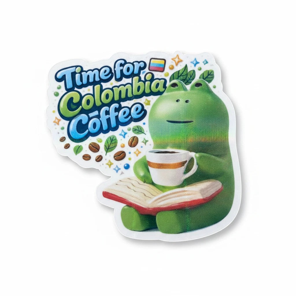Todo Tumi laminated sticker featuring a green frog reading a book and drinking coffee with Colombian flag accents.