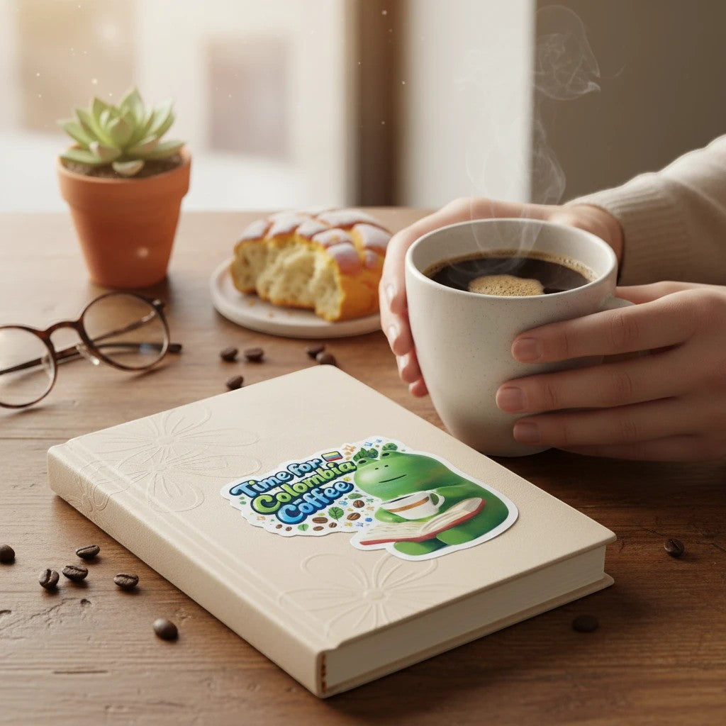 Todo Tumi laminated sticker featuring a cute green frog reading a book and drinking coffee, applied to a notebook.
