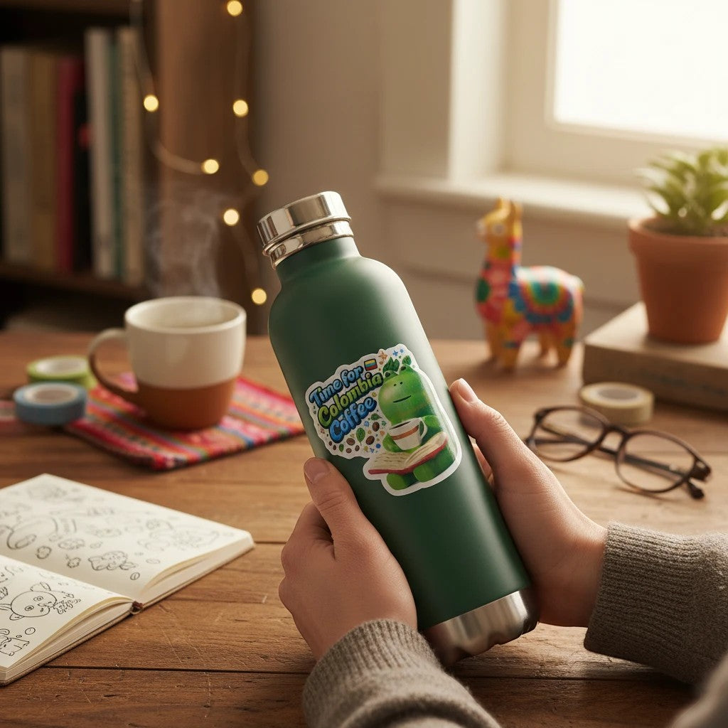 Todo Tumi laminated sticker featuring a cute green frog reading a book and drinking Colombian coffee on a green bottle