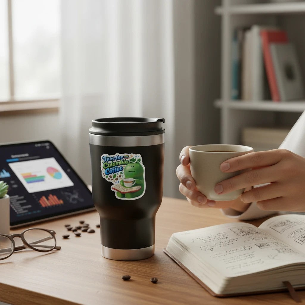 Todo Tumi laminated sticker featuring a green frog reading a book with coffee, applied to a black travel mug.